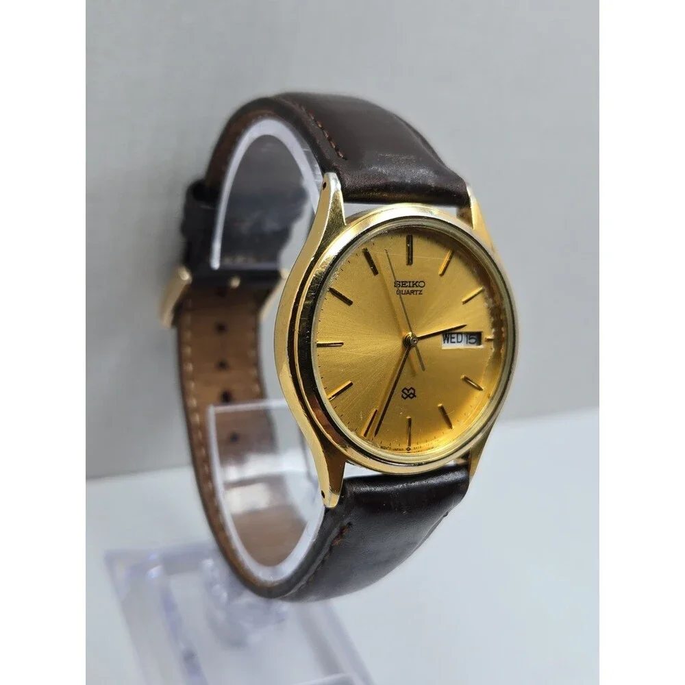Vintage Seiko SQ 5Y23-7079 Mens 34mm Gold Tone Day Date Quartz Watch New Battery